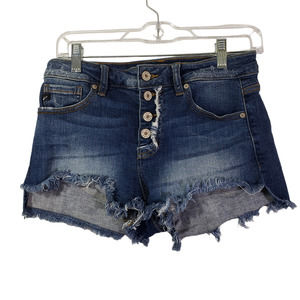 KANCAN Women's Medium Blue Solid Button Fly, Frayed, Distressed, short Shorts